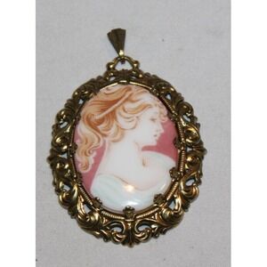 vintage cameo porcelain transfer portrait pendant gold tone